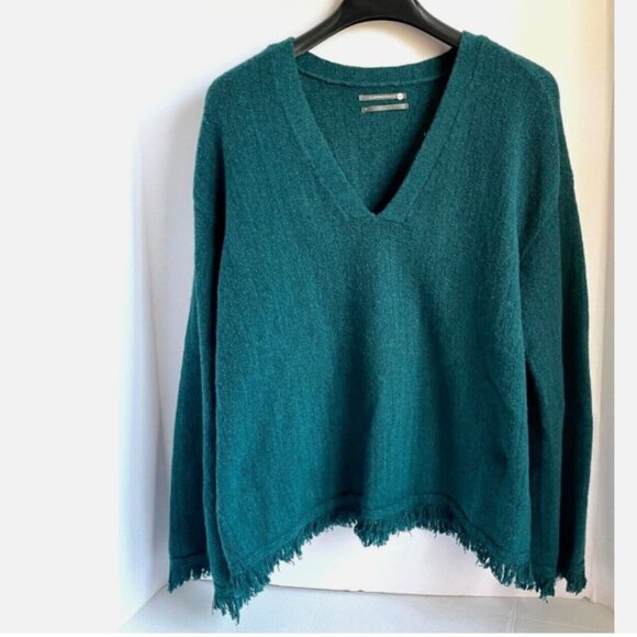 Anthropologie Wool Alpaca V-Neck Sweater Green Fringe Long Sleeve M - Picture 2 of 10